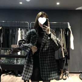 千鸟格毛呢外套女秋冬季2025新款夹棉加厚韩版宽松中长款呢子大衣