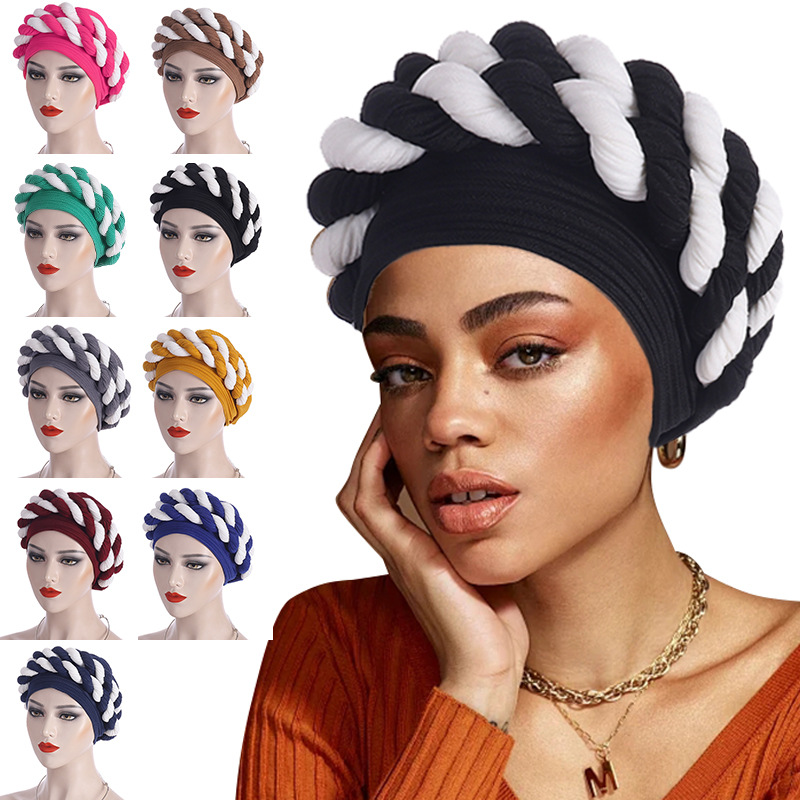 Muslim hat Women's fashion color matching double braid hat headscarf hat_voghion.com