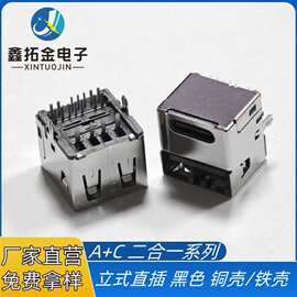 USB2.0+TYPE-C14P母座 二合一 立式直插 180度DIP 黑色 铜壳/铁壳