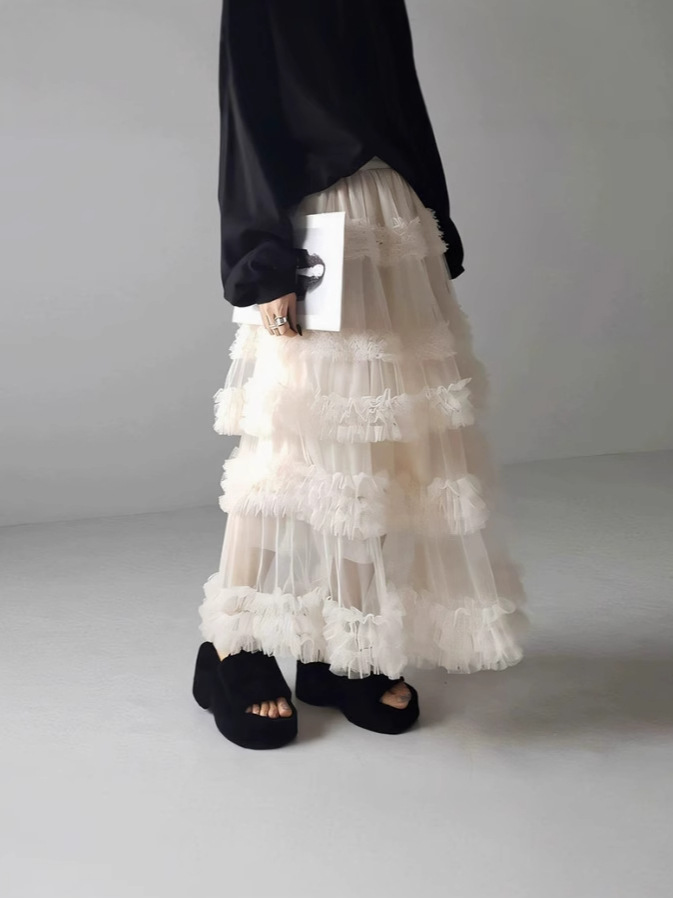 厳選された春夏向けガーゼスカート、新作日本風ロングスカート、女性用、露出防止三層手縫いメッシュAラインスカート