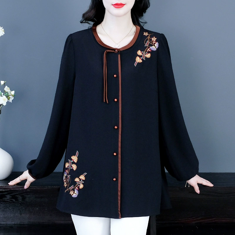 2024 весенне-летний Ретро кардиган с длинными рукавами и вышивкой в национальном стиле, свободная рубашка больших размеров, женская одежда для мам и полных девушек среднего и пожилого возраста