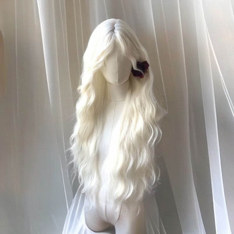 Wig for Women with Middle Parted Bangs, White Long Curly Hair, Lolita Big Waves, Doll-Like Artificial Hair, Full Headgear Wig for Women with Middle Parted Bangs, White Long Curly Hair, Lolita Big Waves, Doll-Like Artificial Hair, Full Headgear