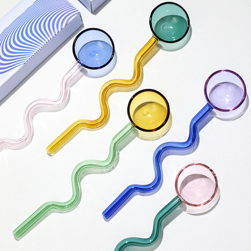 Ins style creative candy color contrasting color glass spoon Cute colorful curved handle high borosilicate glass spoon