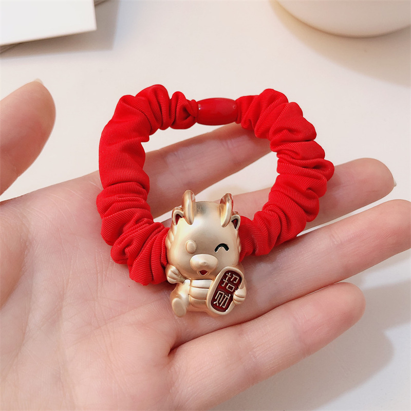 Año del Dragón Zodiaco de alta sensación metal rojo Año Nuevo anillo de cabello de alta altura cuerda elástica cuerda de cabello festiva adornos para el cabello
