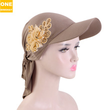 亮片花配饰鸭舌帽檐头巾帽 遮阳棒球围巾一体帽 绑带太阳帽