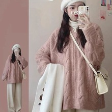 韓版女裝韓系溫柔毛衣女日系慵懶風粉色冬季加厚小個子寬松打底衫