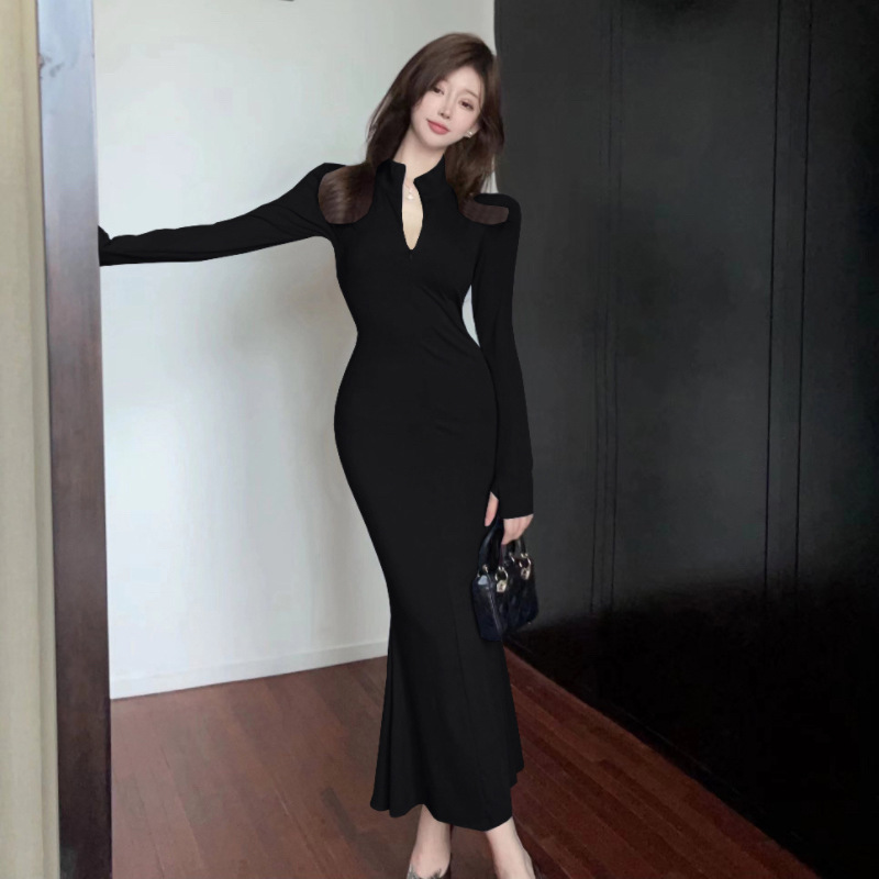 3657 European and American Southeast Asian Foreign Trade Wholesale 2026 Women's Elegant Stand-Up Collar Mermaid Seductive Slim-Fit Fishtail Dress