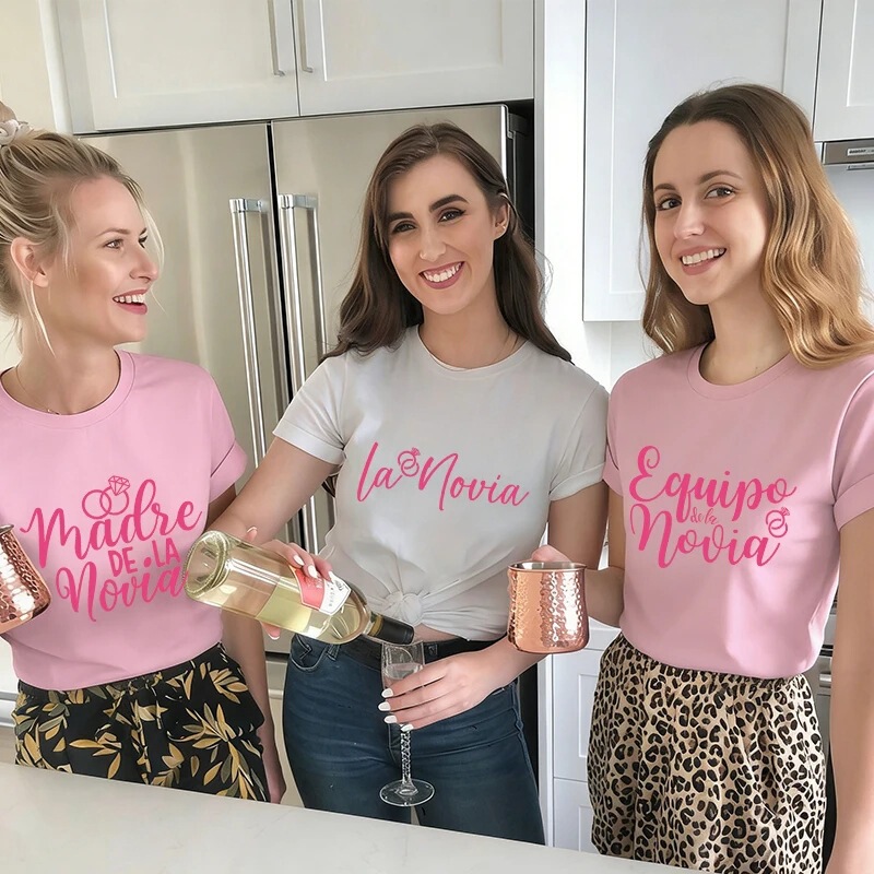 Spanish Women's Bridal Group Matching T-Shirts: De La Novia Outfit, O-Neck Short-Sleeve 2026 Wedding Collection Spanish Women's Bridal Group Matching T-Shirts: De La Novia Outfit, O-Neck Short-Sleeve 2026 Wedding Collection