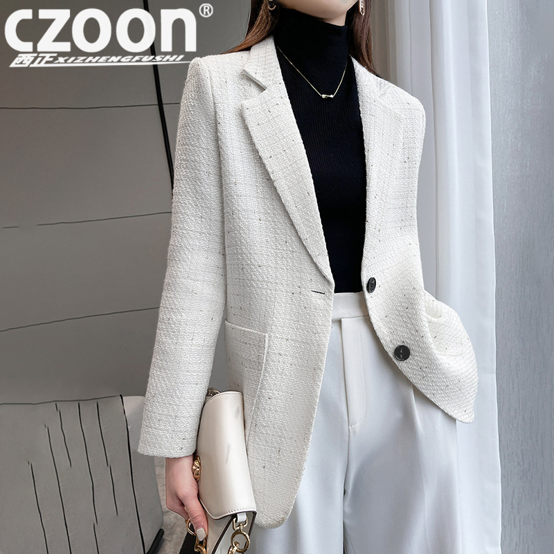 Two-Pocket Coarse Tweed Small Suit Slim-Fit Top Long-Sleeved Suit Jacket Women's New French British Style