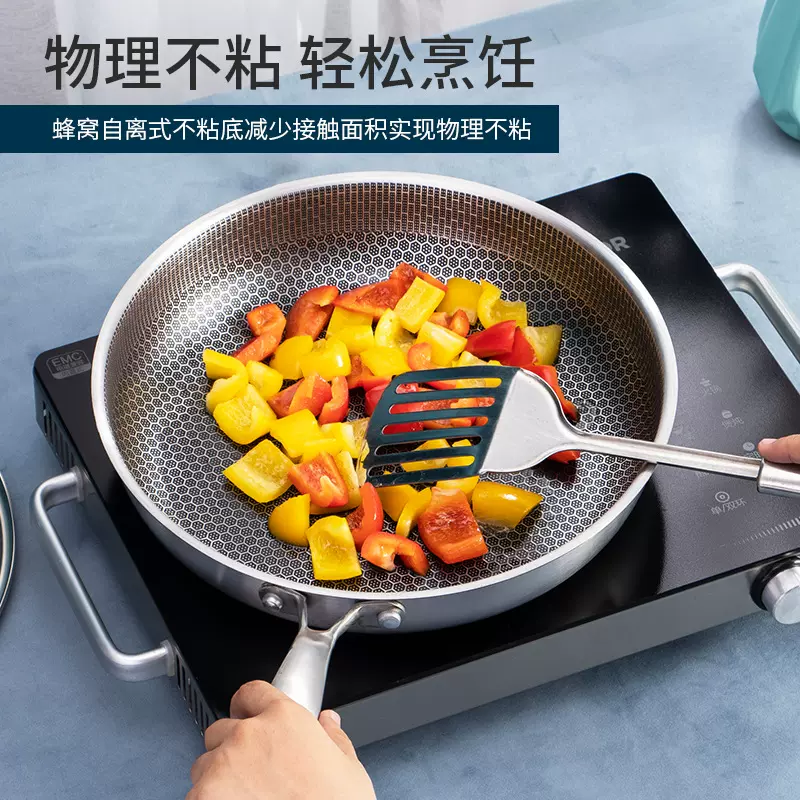 不锈钢蜂窝煎锅不粘锅无涂层家用全屏煎蛋锅煎牛排煎饼锅具平底锅