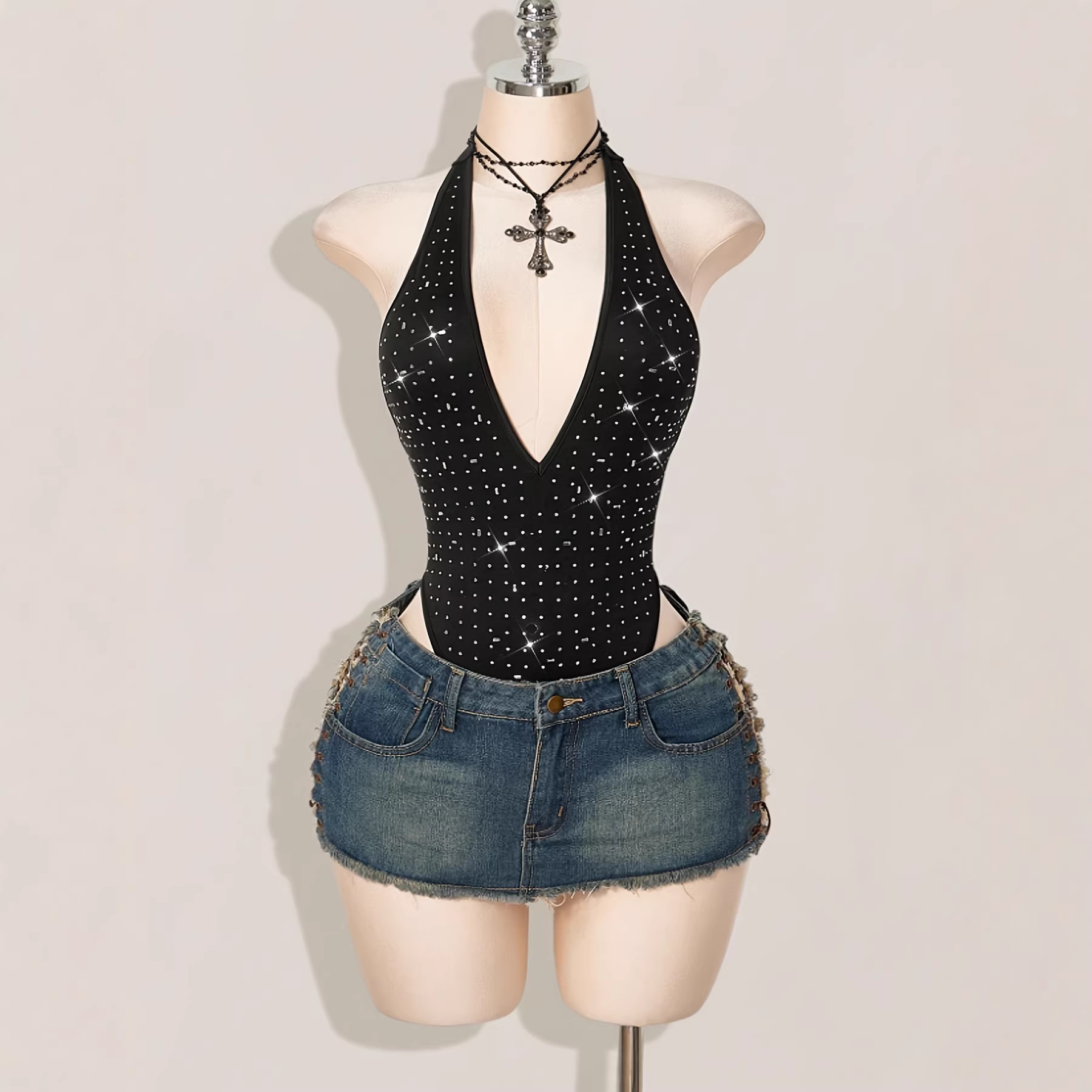 Cross-border Amazon best-selling export style summer women's sequined rhinestone decorated deep neck one-piece swimsuit, sexy.