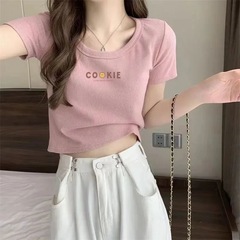 アイスシルクスレッドTシャツ夏の新しい甘辛スタイルスリムフィットショートトップ右肩半袖Tシャツ女性用イントレンド