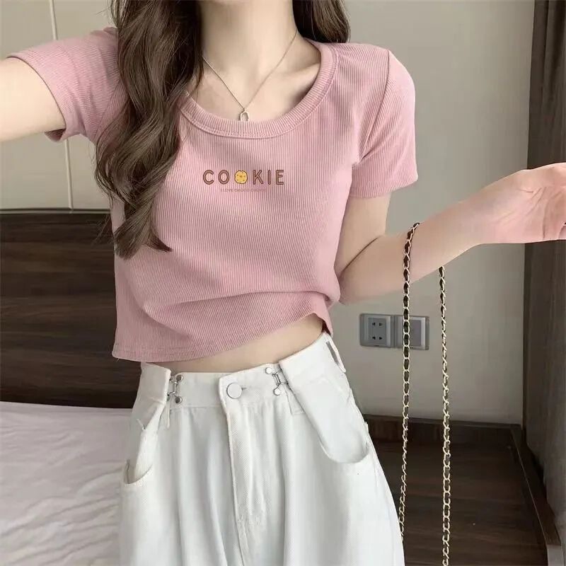 Ice Silk Ribbed T-Shirt Summer New Sweet and Spicy Style Slim Fit Petite Short Top Regular Shoulder Short Sleeve T-Shirt for Women Ins Trend