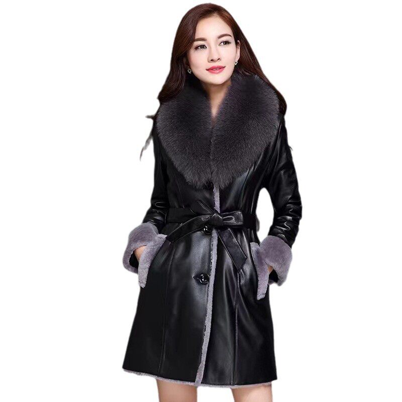 Áo khoác da nữ dáng dài ôm eo có cổ lông, lót lông cừu giữ ấm mùa đông — Màu đen, Màu đỏ rượu