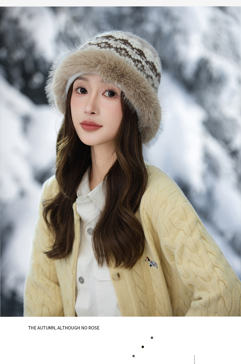 Cappello da pescatore invernale retrò in stile etnico jacquard lavorato a maglia, in pelliccia di coniglio, caldo, spesso e antifreddo_voghion.com