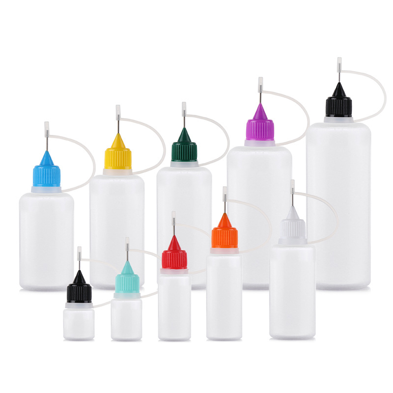 Fabricante en stock botella de aguja 10ml30ml botella de aceite esencial pe plástico semipermeable pigmento pegamento botella de inyección de pintura suave botella