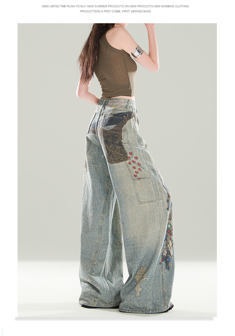 Men's Vintage Washed Print Jeans Hip-Hop Straight-Leg Loose Fit Denim Blue Breathable Polyester Blend S-3XL_mkmklike.com