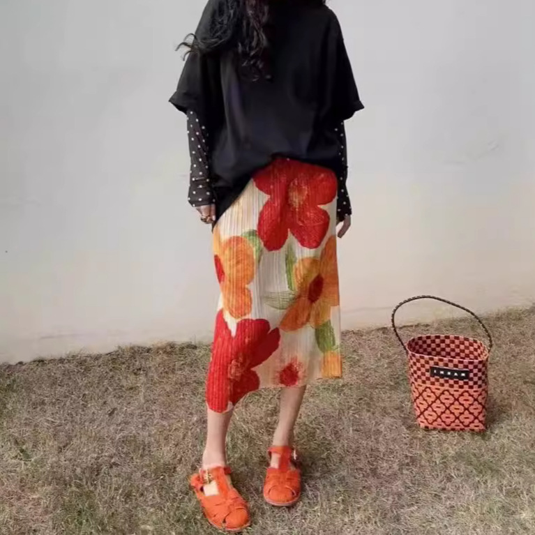Miyake Pleated Large Floral Print Skirt Summer Midi Skirt with Unique Design Niche High-Waisted Printed Skirt