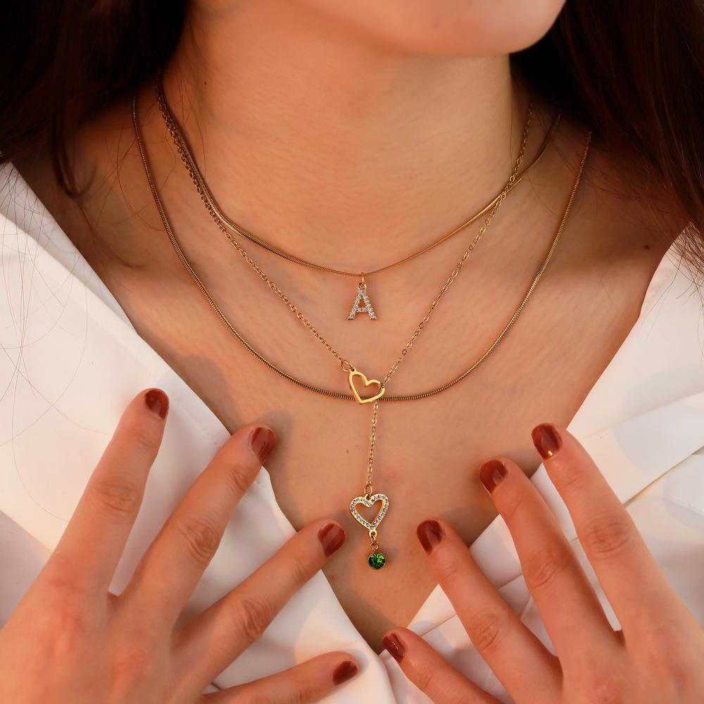 Women's Gender Wholesale Jewelry IG Style Korean Style Letter Heart Shape 304 Stainless Steel Rhinestones Birthstone Gold Plated Plating Inlay Three Layer Necklace