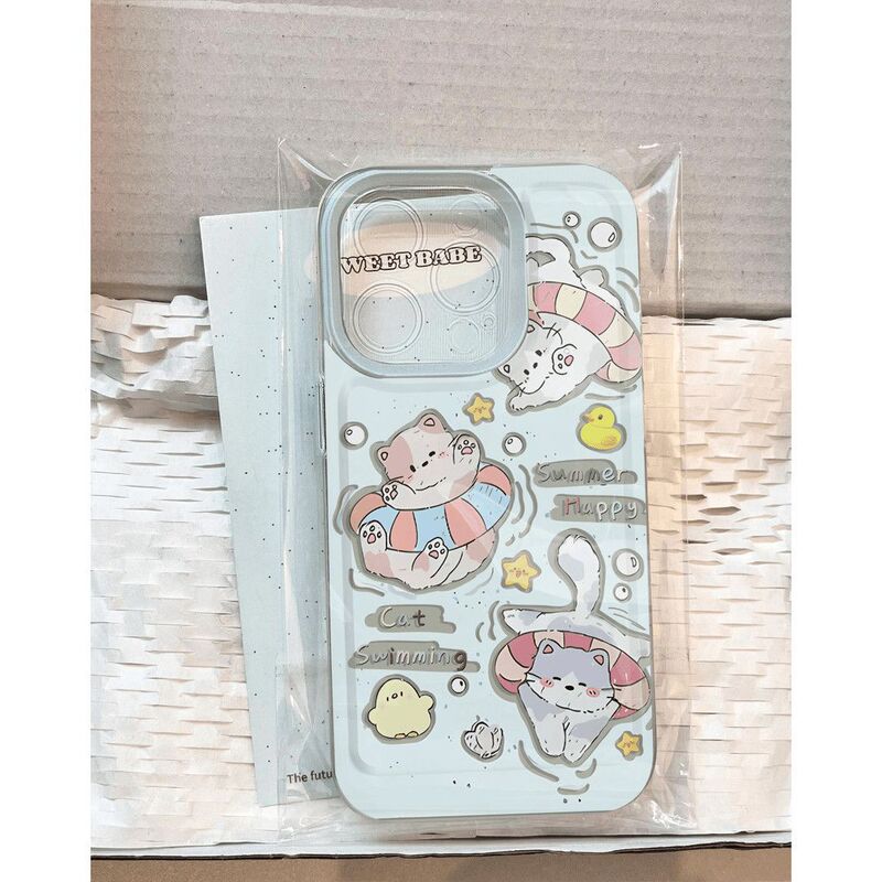 Swimming Ring Cat Suitable for Apple 16Plus Mobile Phone Case Iphone15 New 14Romax/13/12/11 Transparent