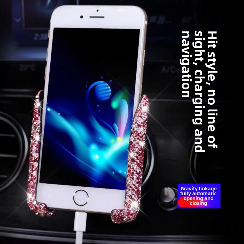 Grenzüberschreitende Auto-Handyhalterung mit Diamant-Einbettung, Navigationsrahmen, Luftauslasssitz mit doppeltem Verwendungszweck, Schwerkraft-Handyhalterung, weibliche Halterung_voghion.com