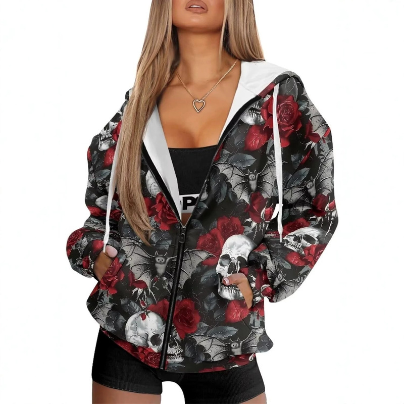 Dark Style Skull Rose Print Zip-Up Hoodie European and American Trendy Brand Cardigan Jacket Unisex Loose Street Style Dark Style Skull Rose Print Zip-Up Hoodie European and American Trendy Brand Cardigan Jacket Unisex Loose Street Style