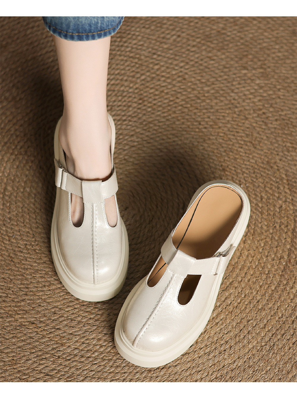 Sandal cao gót nữ đế xuồng da thật, quai hậu bít mũi, gót 10 cm — đen, Màu trắng nhạt chi tiết 7