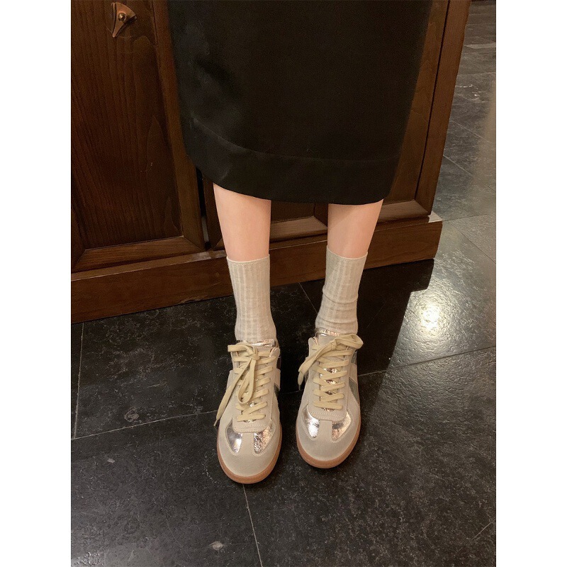 牛皮版银色德训鞋女韩版真皮拼色休闲运动鞋子百搭板鞋厚底阿甘鞋|undefined