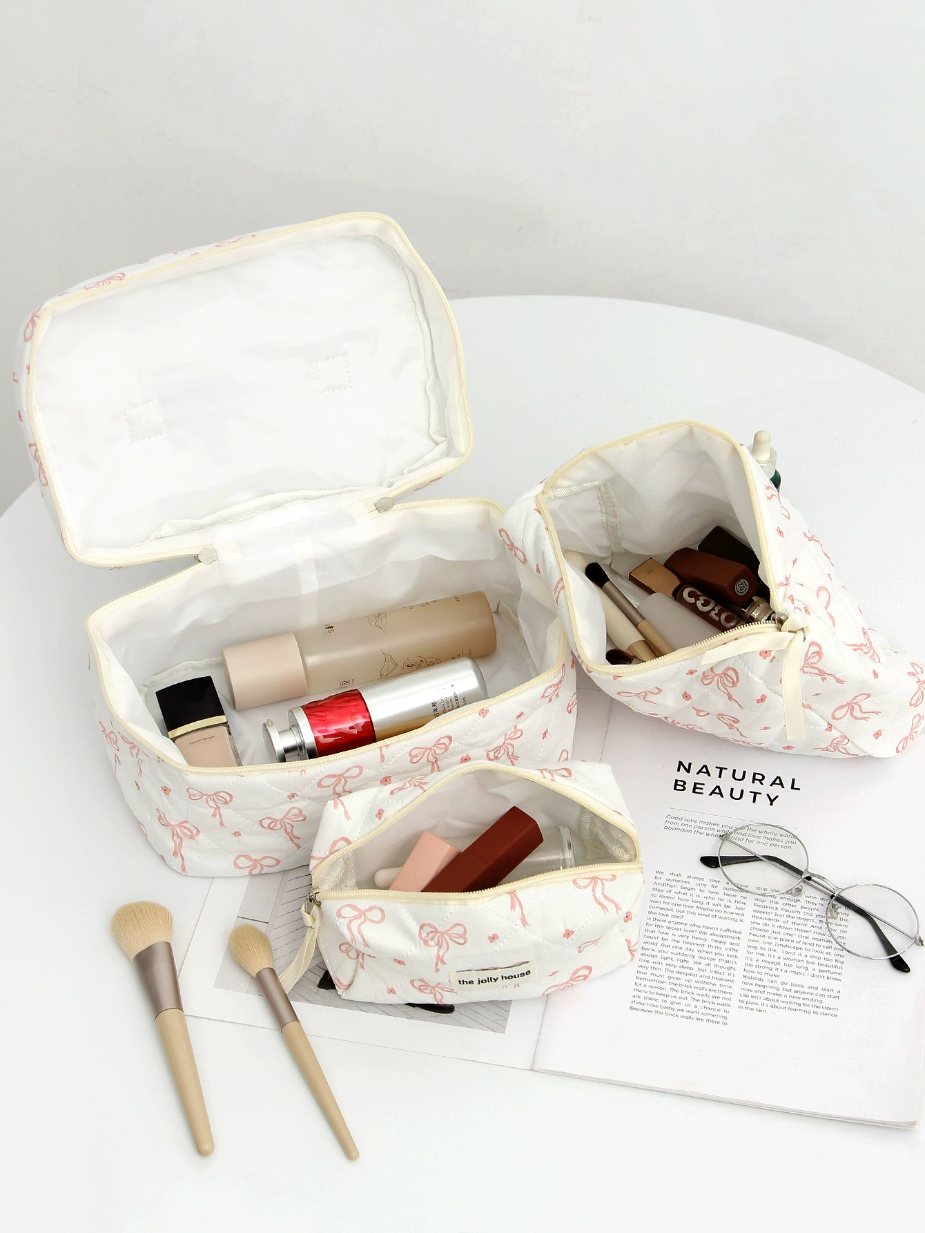 Handheld Cosmetic Bag, Korean Style, Bow Accent, Quilted Organizer, Multiple Sizes