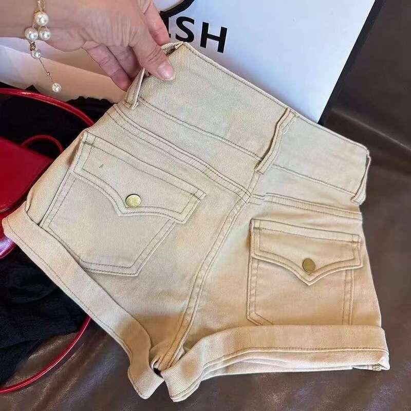 Khaki Color Hip-Lifting Versatile American-Style Spicy Girl Denim 2026 New Model Shorts for Women with Double Buttons High-Waisted Fashion Wide-Leg Pants