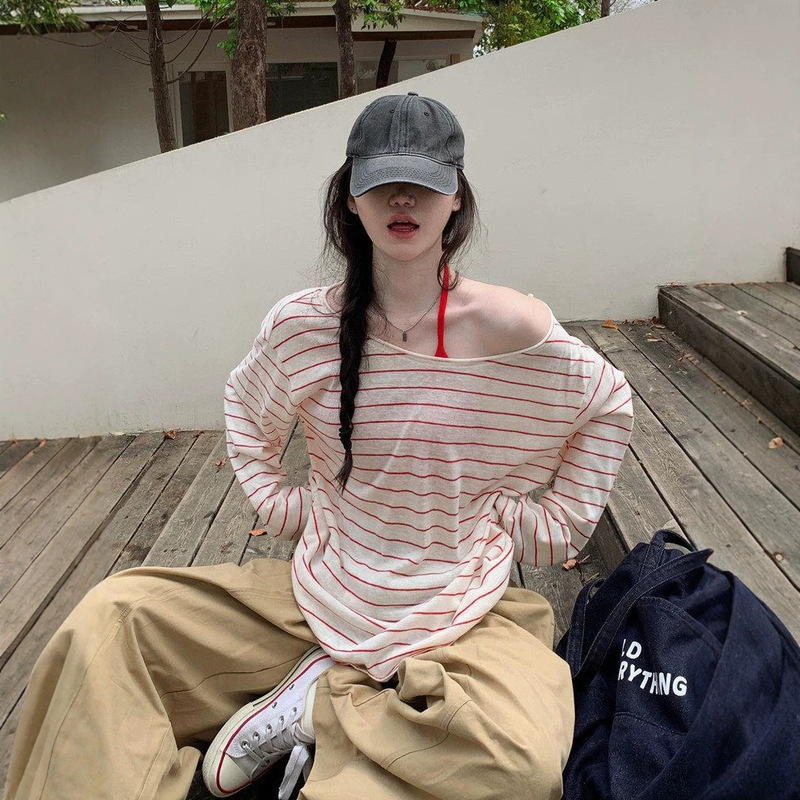 Korean-Style Striped Off-Shoulder Sheer Sun-Protective Cover-Up T-Shirt for Women, Summer Design, Beachwear, Off-Shoulder Top Korean-Style Striped Off-Shoulder Sheer Sun-Protective Cover-Up T-Shirt for Women, Summer Design, Beachwear, Off-Shoulder Top