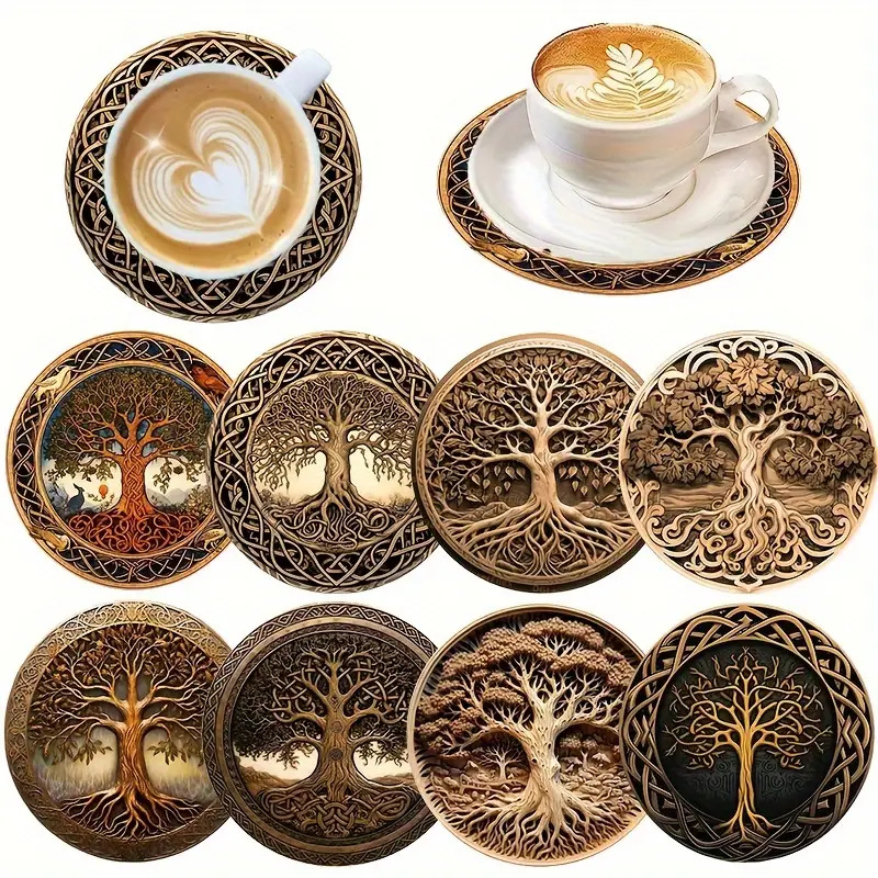 8 piezas de almohadilla de aislamiento térmico almohadilla de tazas de mesa a prueba de quemaduras almohadilla de tazas de madera de la vida almohadilla de bebidas almohadilla de comedor antideslizante