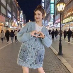 大版宽松外穿秋冬新款针织开衫洋气百搭慵懒风牛仔拼接外套女毛衣