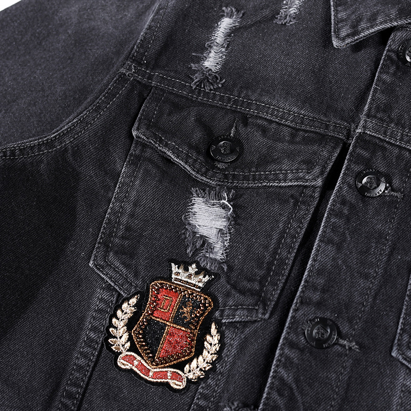Schwarze Herren Jeansjacke Mit Bestickung Und Biker Design_voghion.com