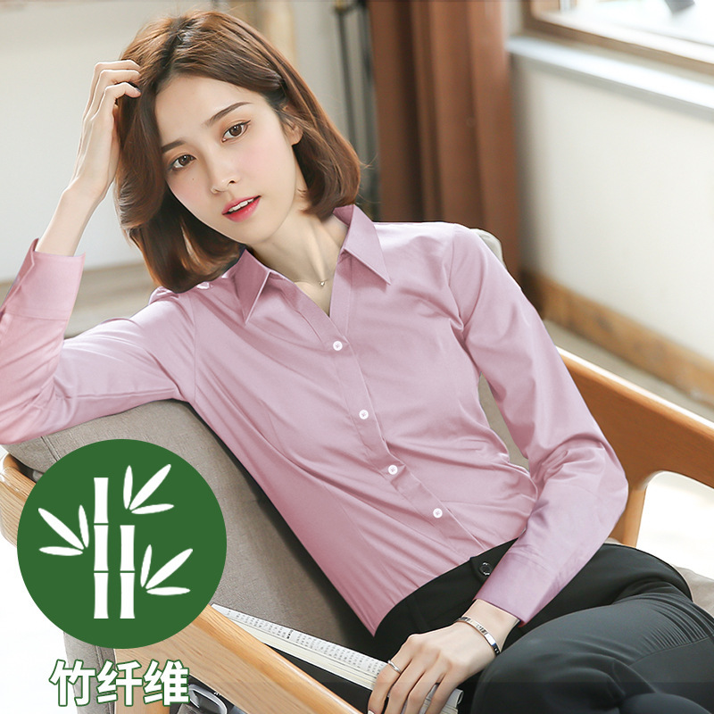 白い長袖シャツ 女性用 オフィスウェア ワークウェア 竹繊維 Vネック 小衿 白シャツ 卸売|undefined