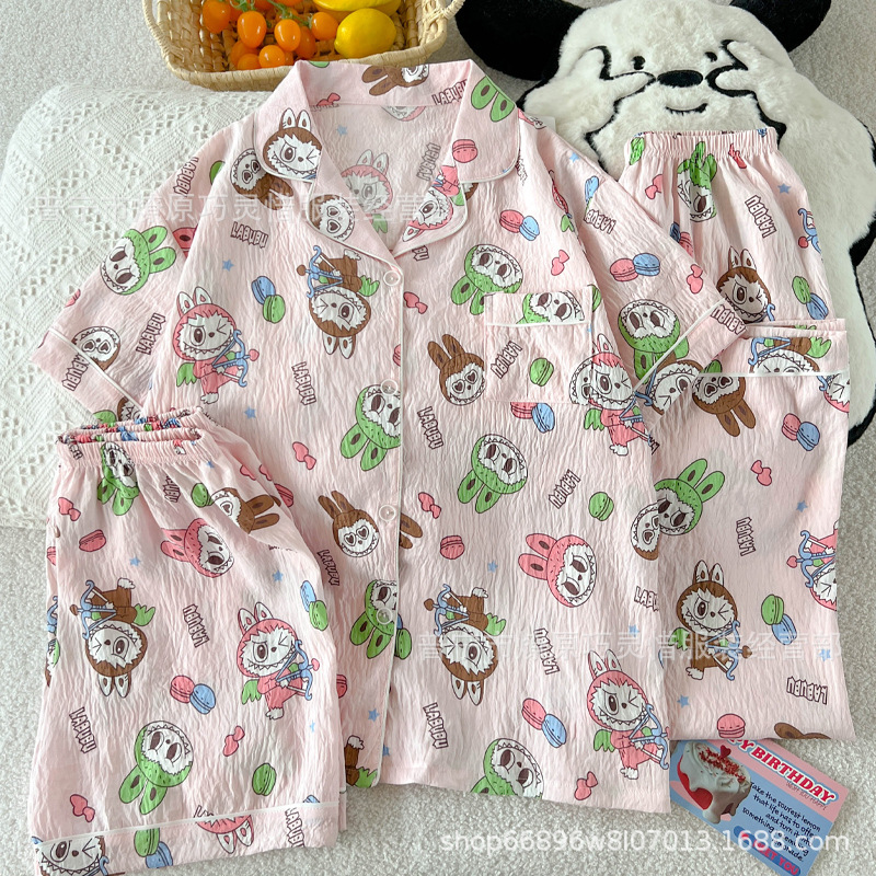 Hermosos pijamas de tela de rabu mujeres primavera y otoño verano nubes de algodón dulce mangas cortas pantalones cortos de tres piezas ropa para el hogar