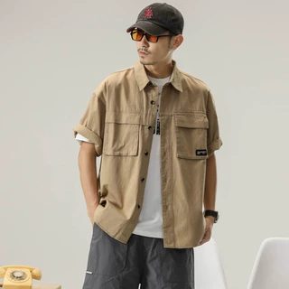 2023日系工装短袖衬衫男夏季潮牌重磅潮流衣服衫卡其色炸街衬衣男