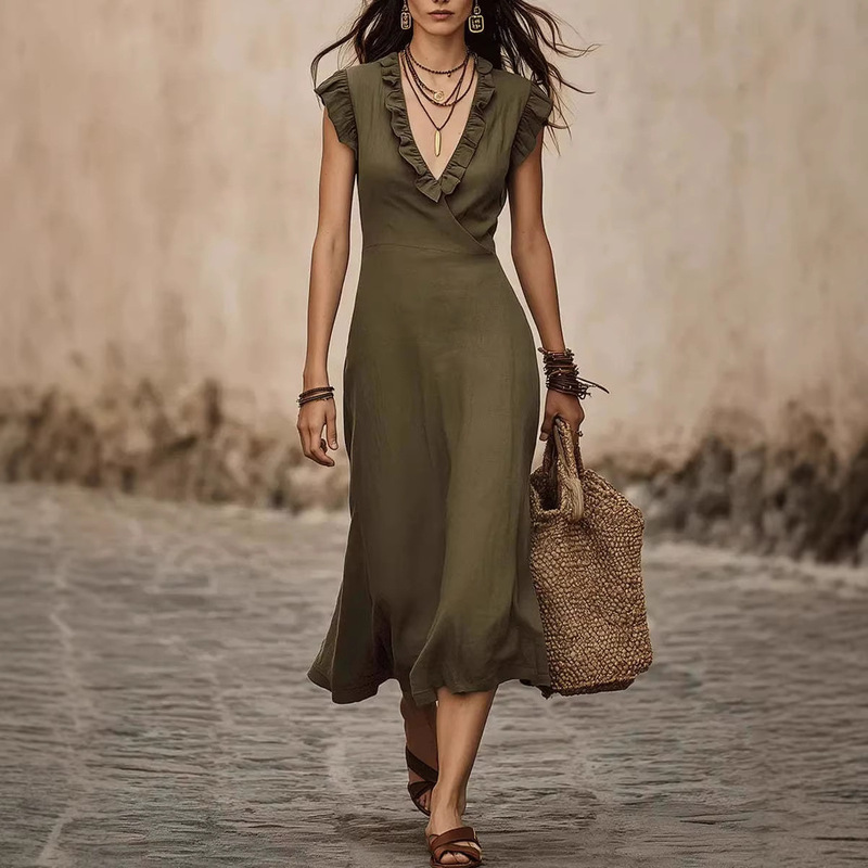 2026 Amazon European and American Cross-Border Summer French-Style V-Neck Cotton and Linen Flutter Sleeve Ruffle Mid-Length Dress for Women 2026 Amazon European and American Cross-Border Summer French-Style V-Neck Cotton and Linen Flutter Sleeve Ruffle Mid-Length Dress for Women