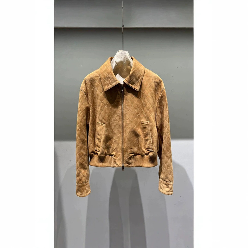 2026 Autumn New Vintage Short Sheepskin Leather Jacket for Women, Turn-down Collar, Quilted Suede Genuine Leather Coat, Versatile