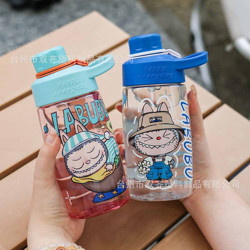 拉布布卡通图案透明塑料杯高颜值大容量水杯防摔杯直饮提绳便携杯|undefined