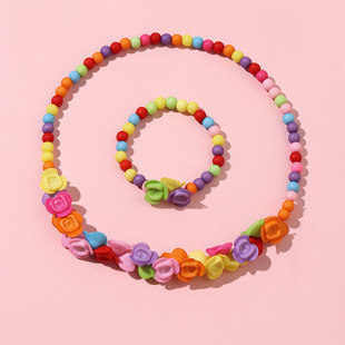Factory Direct cross-border hot selling handmade acrylic bracelet necklace suit color small flower children's jewelry jewelry