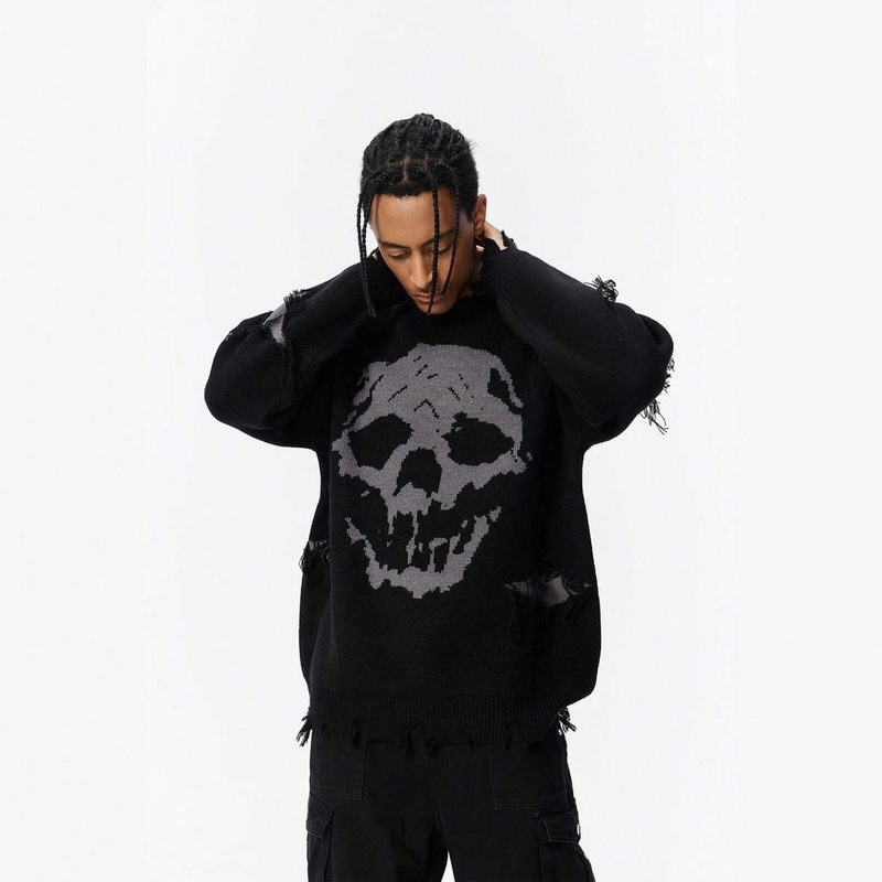 Hip-Hop Dark Street European and American Halloween Skull Jacquard Ripped Sweater Autumn and Winter Hiphop Men's and Women's Loose Pullover