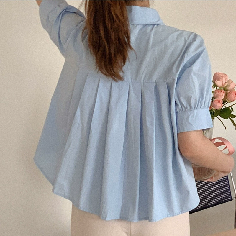 Корейская шикарная летняя простая элегантная рубашка с плиссировкой на спине и свободными пышными рукавами, повседневная однотонная рубашка для женщин