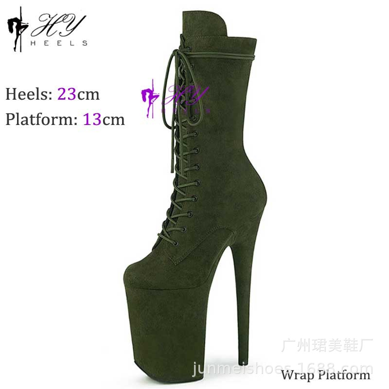 Boot cao gót nữ mũi tròn, da lộn vải, cổ thấp, cao khoảng 23 cm — Đỏ đào, Đỏ rượu, Màu đen, Màu hồng chi tiết 4
