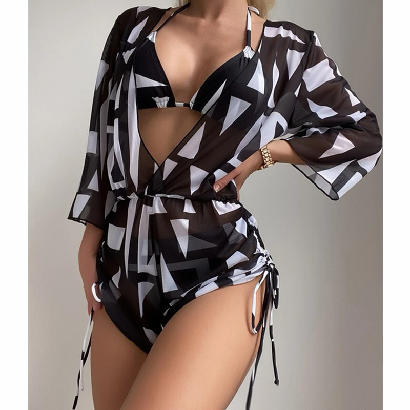 2023 Amazon nuevo traje de baño de una pieza de cintura de malla de manga larga con cordón impreso de cintura alta europeo y americano de tres piezas Biji