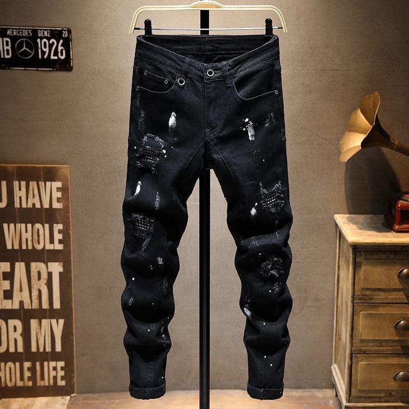 Ripped Patch Jeans for Men, Spring and Autumn New Trendy Black High Street Versatile Slim Fit Casual Pants Ripped Patch Jeans for Men, Spring and Autumn New Trendy Black High Street Versatile Slim Fit Casual Pants