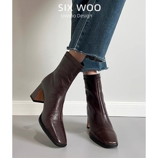 Hand-scratch pattern full sheepskin style Korean style short boots for women 2025 new autumn and winter square toe thin French high heels