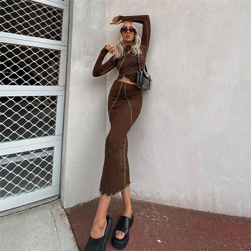 round neck long-sleeved Slim skirt suit nihaostyles wholesale clothes NSLSA94960