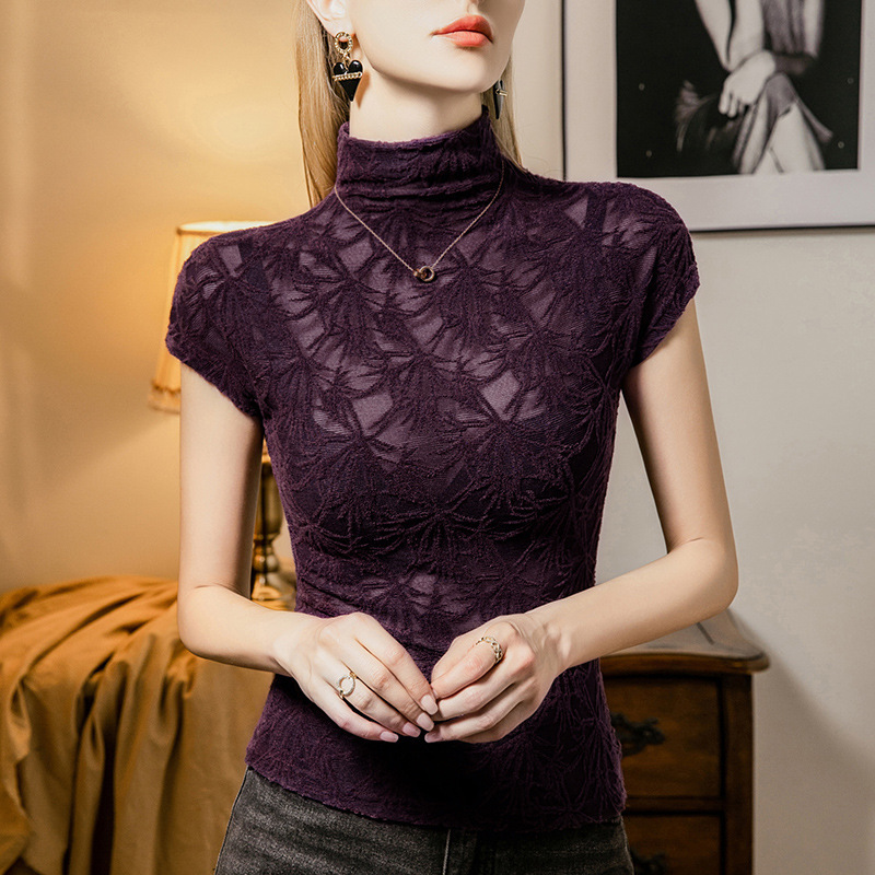 Jacquard Small High Neck Lace Base Shirt Women's Short Sleeve 2024 Autumn New Arrival Croquet Hollow Women's Sleeve Top