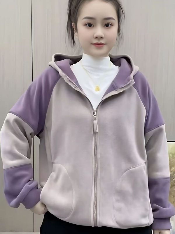 欧货时尚休闲新款外套女百搭宽松韩版连帽拼接撞色绒感卫衣开衫|undefined